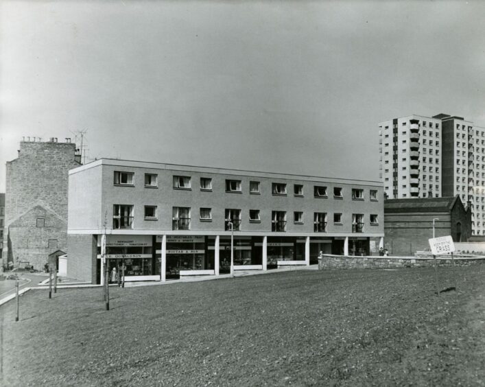 Whorterbank shops with the multi-storey blocks in the background. Image: DC Thomson.