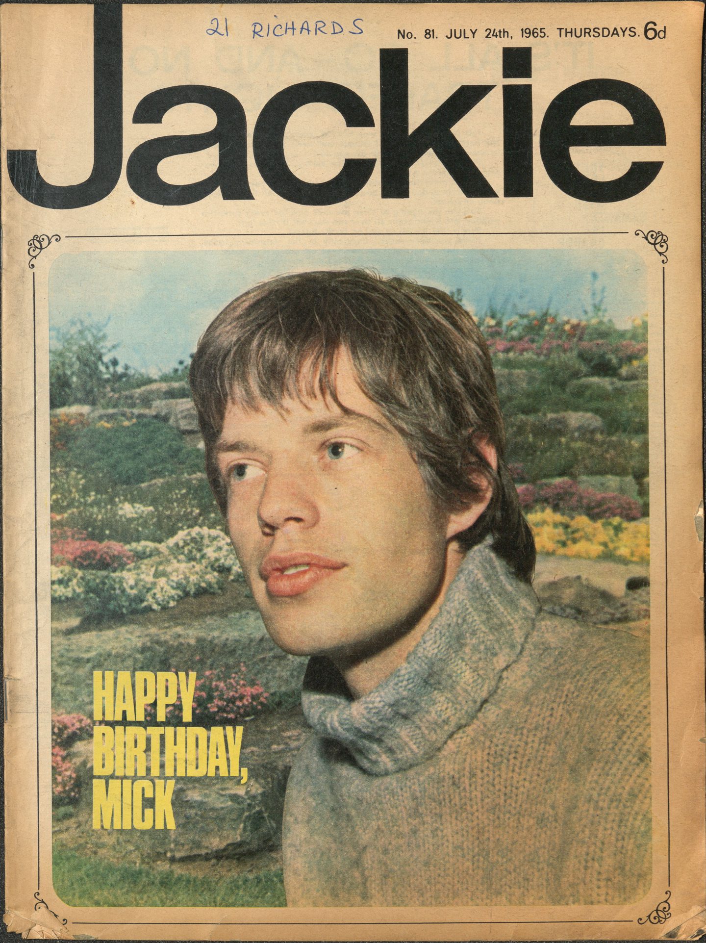 Mick Jagger on the cover of Jackie in July 1965 against the backdrop of the rock garden. Image: DC Thomson.