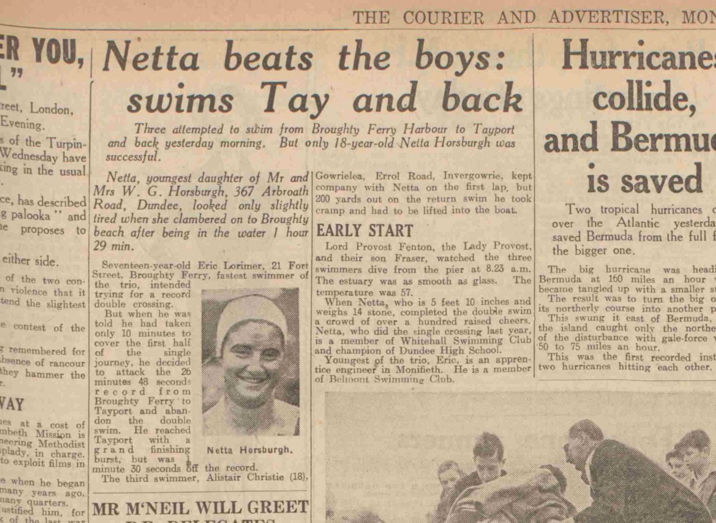 A cutting from The Courier in 1951 detailing Netta's double swim across the Tay.