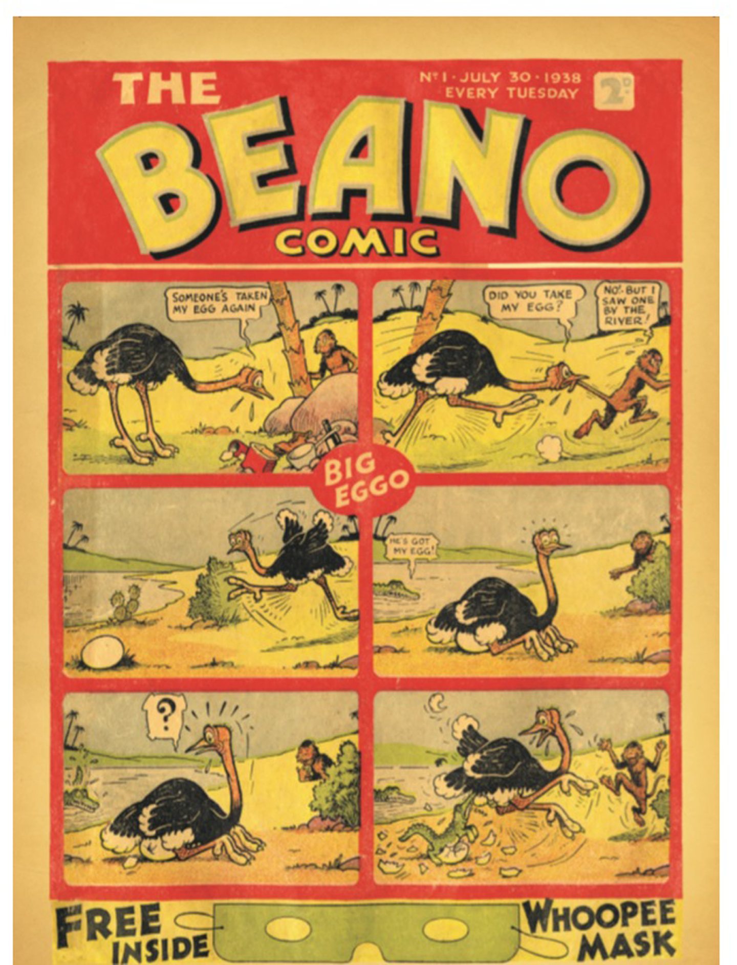 The first edition of The Beano featured Big Eggo on the cover and a free whoopee mask. Image: PA.
