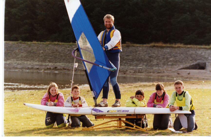 Windsurfing demonstration at Clatto Country Park in Dundee. 