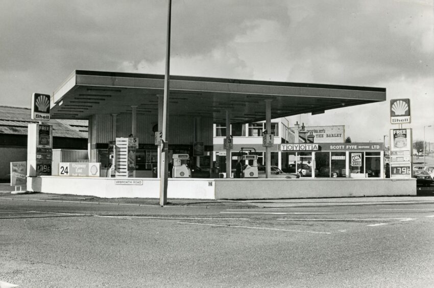 A black and white shot of the outside of Kingsway East Service Station. Image: DC Thomson.