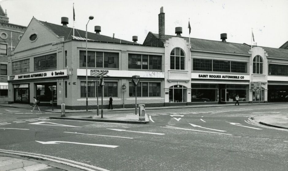 A black and white shot of the exterior of Saint Roques Automobile, Ward Road, Dundee. Image: DC Thomson.