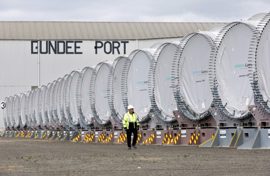 The huge turbines at Port of Dundee are destined for the Neart na Gaoithe offshore wind farm. 
