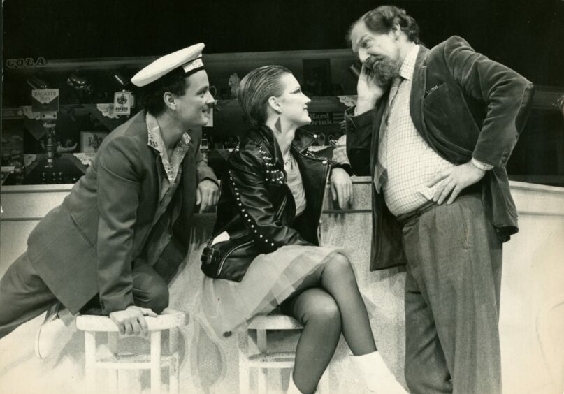 Robert Robertson, right, performing on stage at Dundee Rep in 1983's Enter A Free Man. Image: DC Thomson.