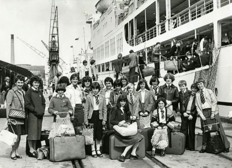 Pupils beside the SS Uganda in 1978. Image: DC Thomson.