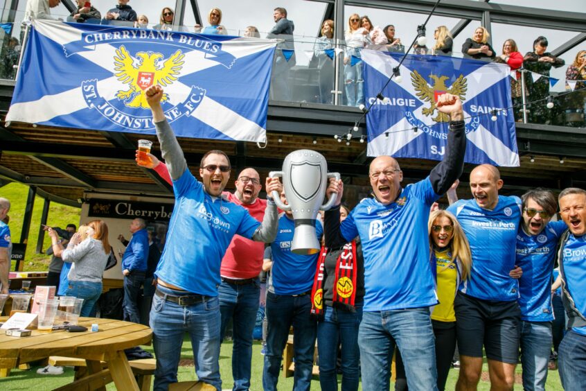 St Johnstone fans celebrate Scottish Cup success in the beer garden in 2021. Image: DC Thomson.