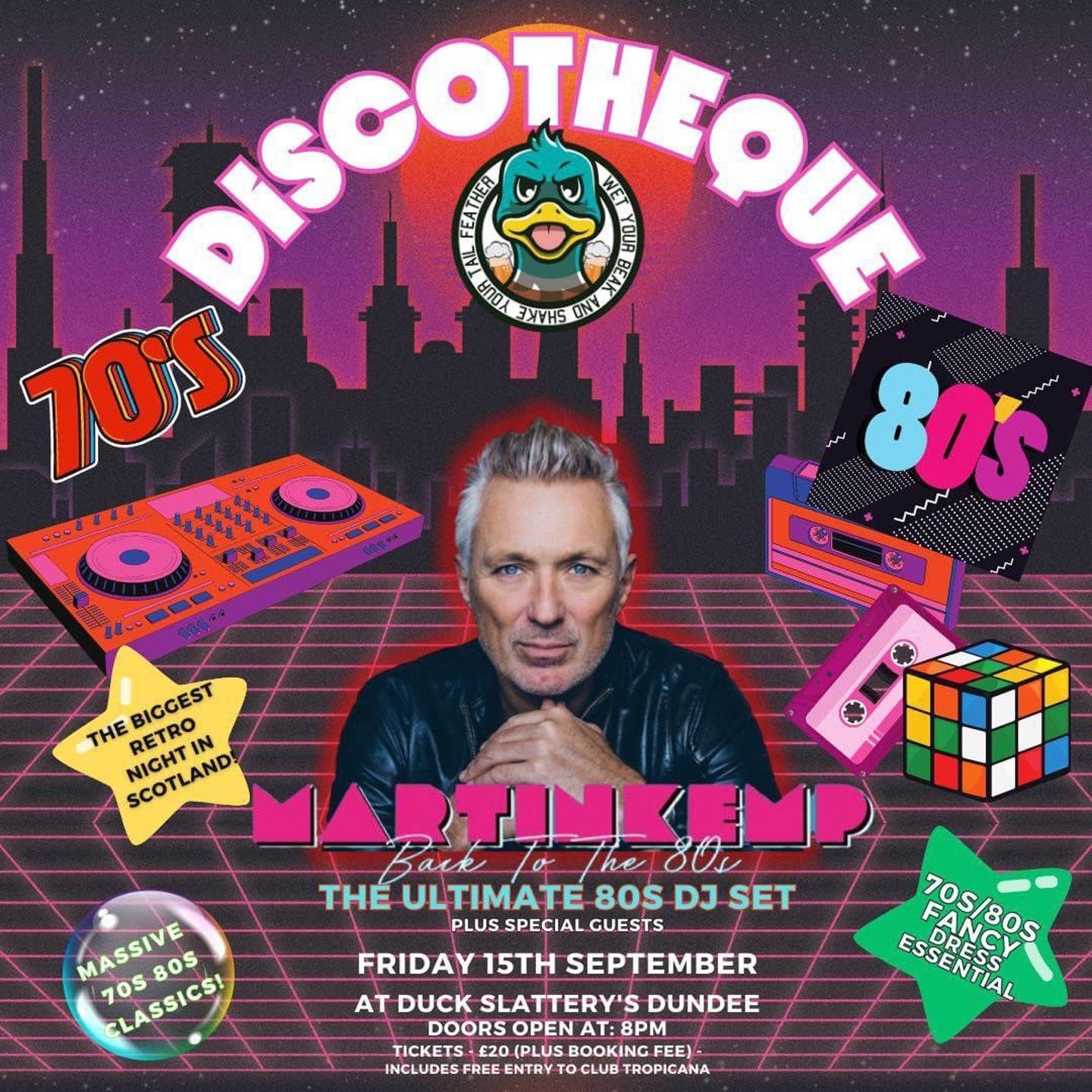Martin Kemp is making a date with Dundee and will play the 1980s classics at Duck Slattery's, as this flyer shows. Image: Supplied.