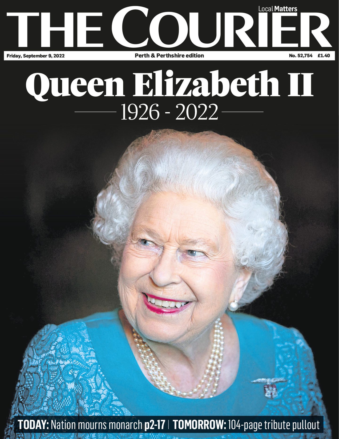 The Courier front page showed a smiling image with a dark background on September 9 2022. Image: DC Thomson.