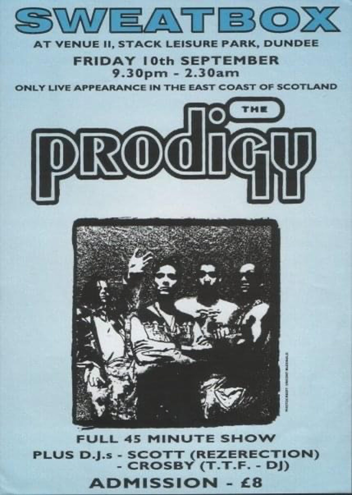 A gig poster. The Prodigy performed in the early hours September 11 1993 at the Sweatbox event. Image: Supplied.