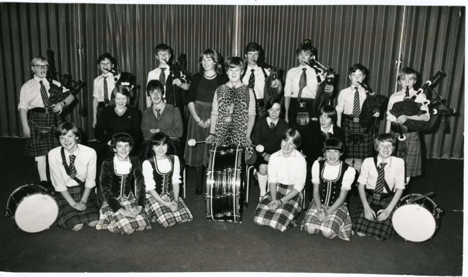 Whitfield High School's pipe band in October 1981. Image: DC Thomson.