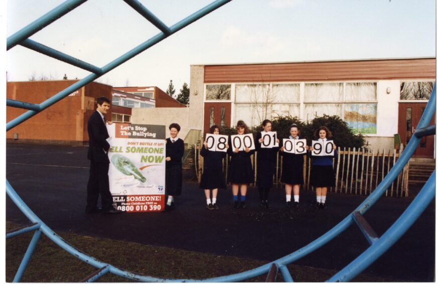 Pupils in the playground for the bullying helpline launch in March 1994. Image: DC Thomson.