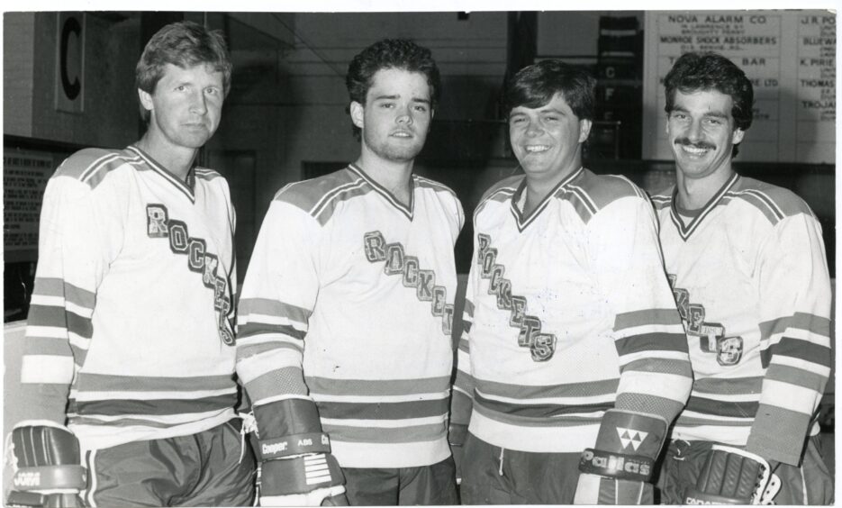 Dundee Rocket players Garry Unger, Bobby Breskal, Jock McGuff and Roch Bois in 1985. Image: DC Thomson.