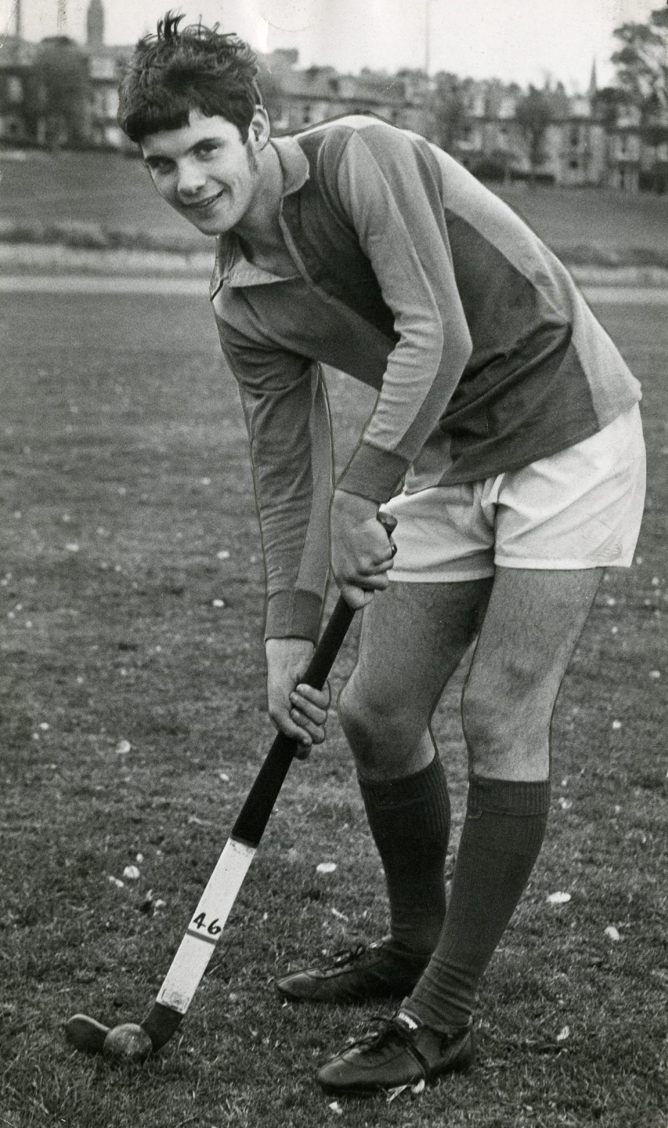 The all-round sportsman poses with a hockey stick and ball at Linlathen High in 1969. Image: DC Thomson.