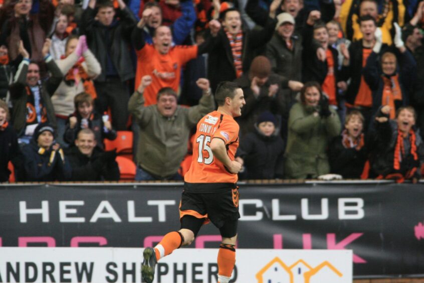 United's Craig Conway celebrates his goal, which sealed the win. Image: DC Thomson.