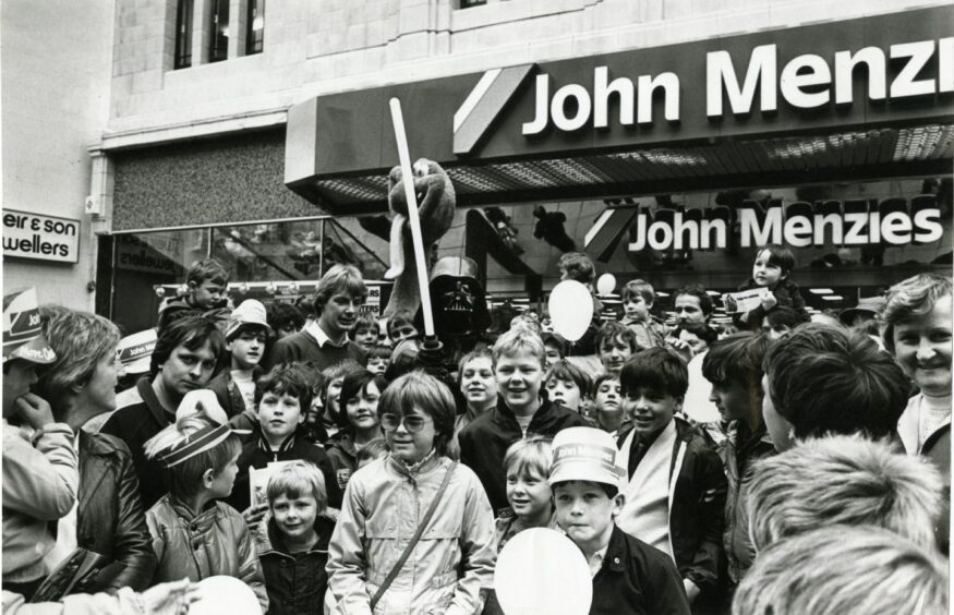 Darth Vader who opened the new John Menzies store in the Murraygate in 1984.