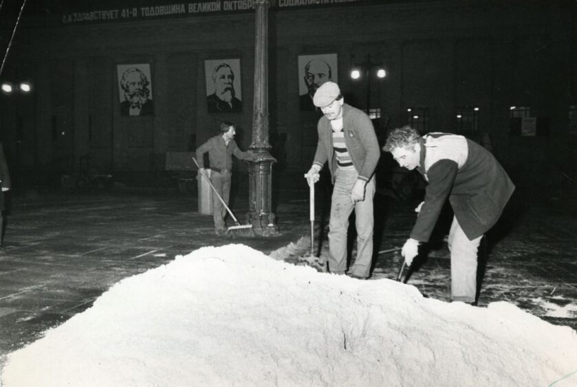 Snow being cleared during filming for An Englishman Abroad in 1983