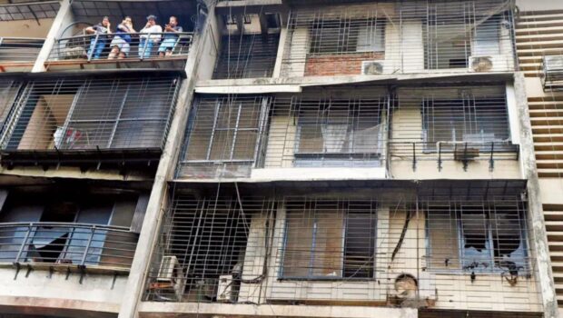 Exterior of the fire-ravaged first floor of the Veena Santoor building in Mumbai.