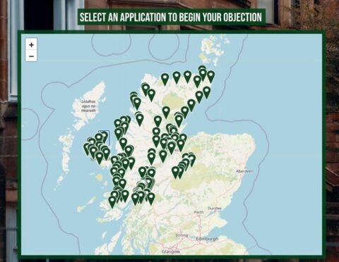 Screenshot of the app featuring a map with pins on areas where short-term let applications have been lodged across the Highlands and islands.