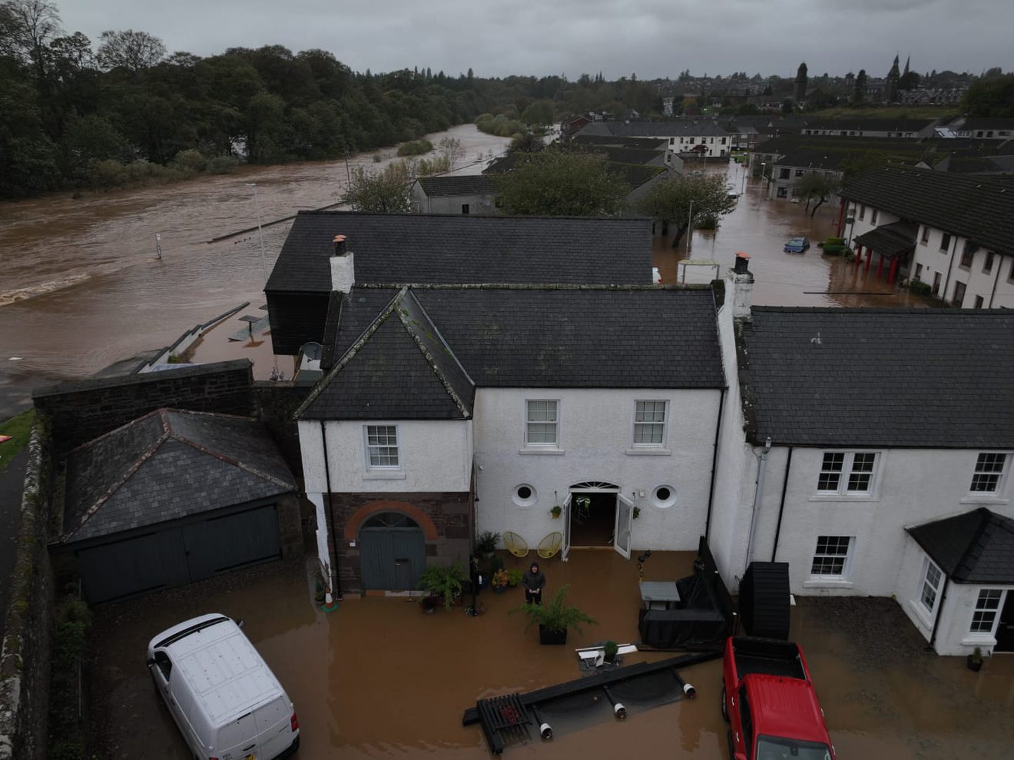 Drone shot of the flooding aftermath in Brechin as streets and homes submerged underwater.