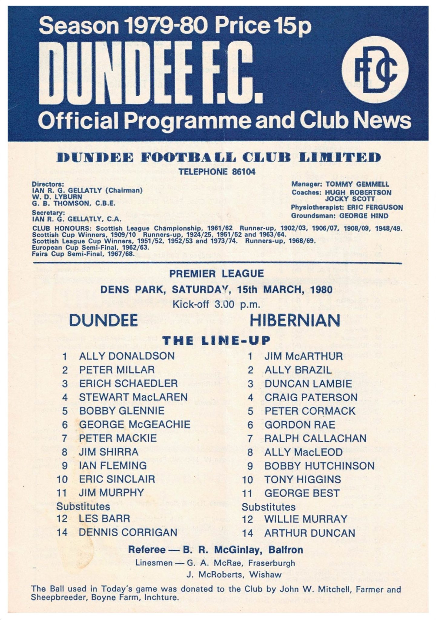 The Dundee FC matchday programme against Hibernian, with George Best listed at number 11.