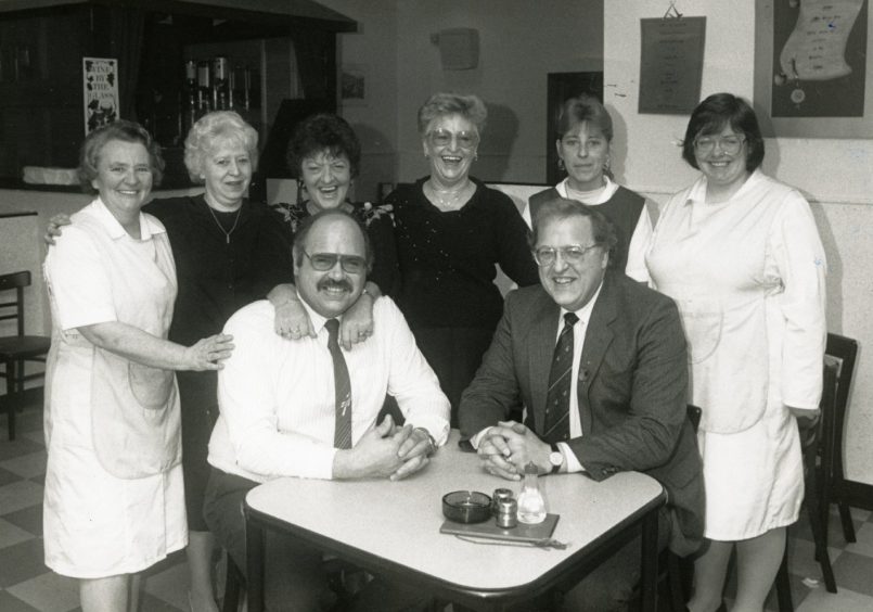 Lawrence and Raymond Sterpaio with Deep Sea staff during the 50th anniversary celebrations in 1989. Image: DC Thomson.