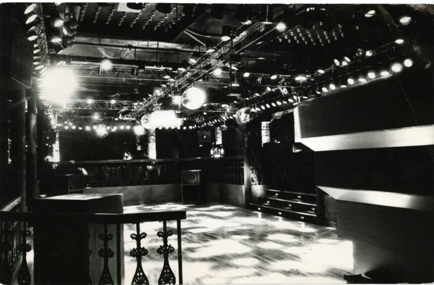 The dancefloor and lights of Fat Sam's nightclub in 1983. Image: DC Thomson.