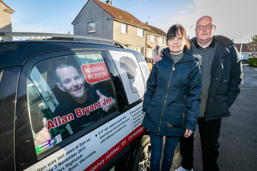 Allan Bryant and Marie, pictured beside the missing person vehicle, are still praying for answers after 10 years, Image: Steve Brown/DC Thomson.