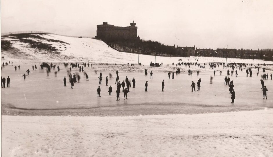 Skaters on the frozen ice at Keptie Pond. Image: Supplied.