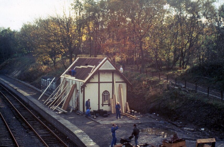 The former Monifieth train station building being constructed in 1989. Image: Birkhill SRPS Group.