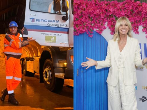 Radio 2 Breakfast Show’s traffic and travel reporter, Richie Anderson with Zoe Ball’s gritter (left) and Zoe Ball (right) (BBC/Yui Mok/PA)