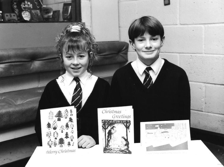 Arbroath High School Christmas card designers Alana Mackenzie and Marc Langford in December 1994.