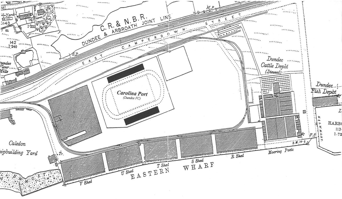 an architect's drawing showing how Carolina Port football ground was about 150 yards east from the bottom of Roodyards Road.