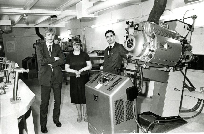 Staff inside the ABC Cinema's projection room on Seagate in 1984. 