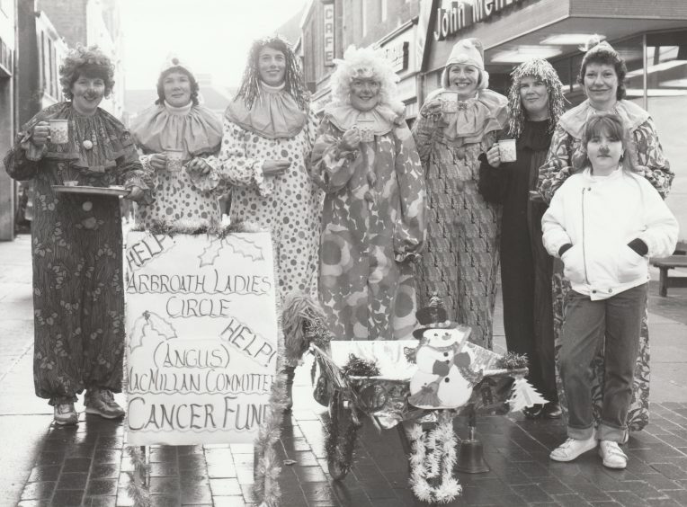 Arbroath Ladies Circle members collecting while dressed as clowns, in 1986. Image: Supplied.