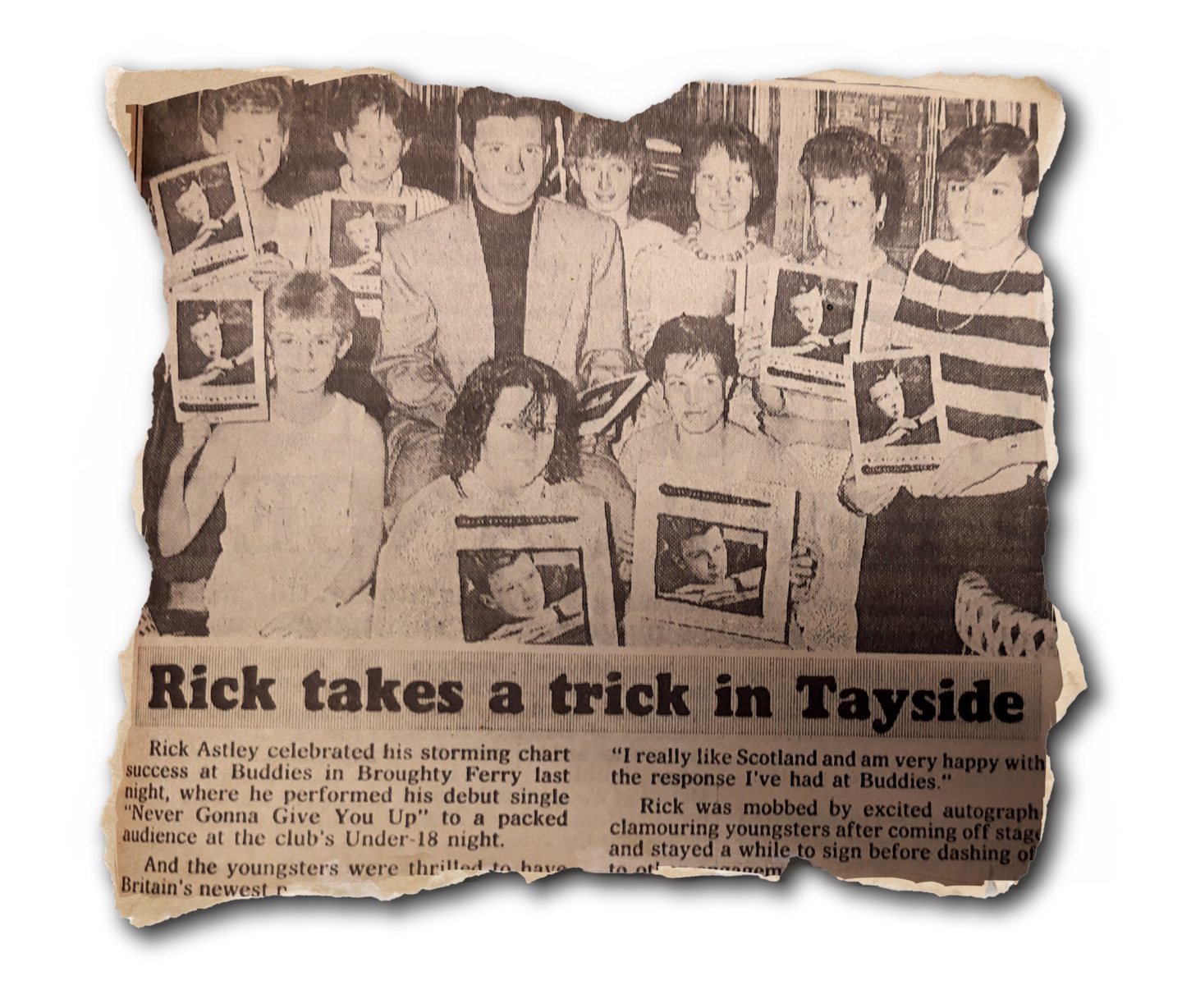 A newspaper cutting showing the picture of Rick Astley at Buddies which made the following day's paper. Image: DC Thomson.