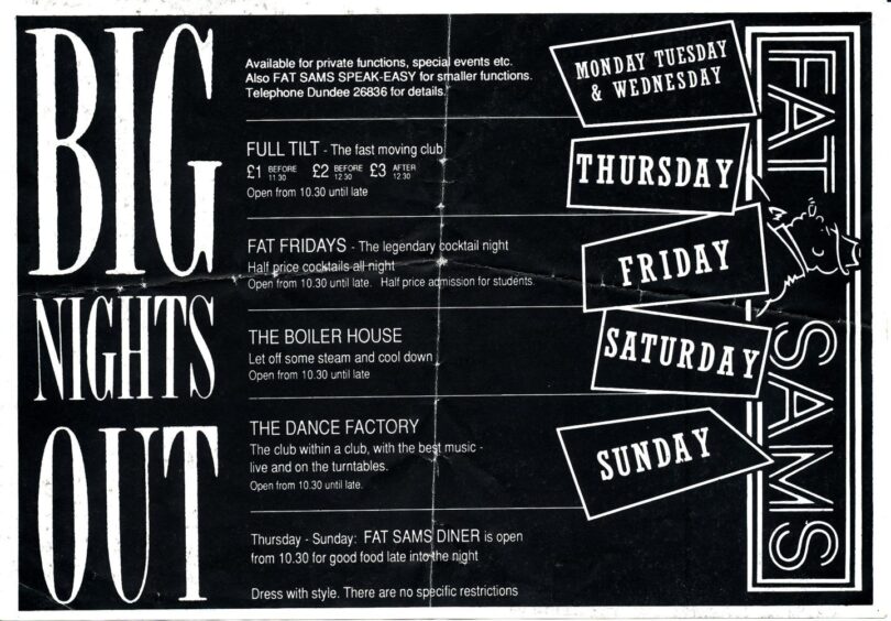 A flyer advertising all of Fat sam's' club night 