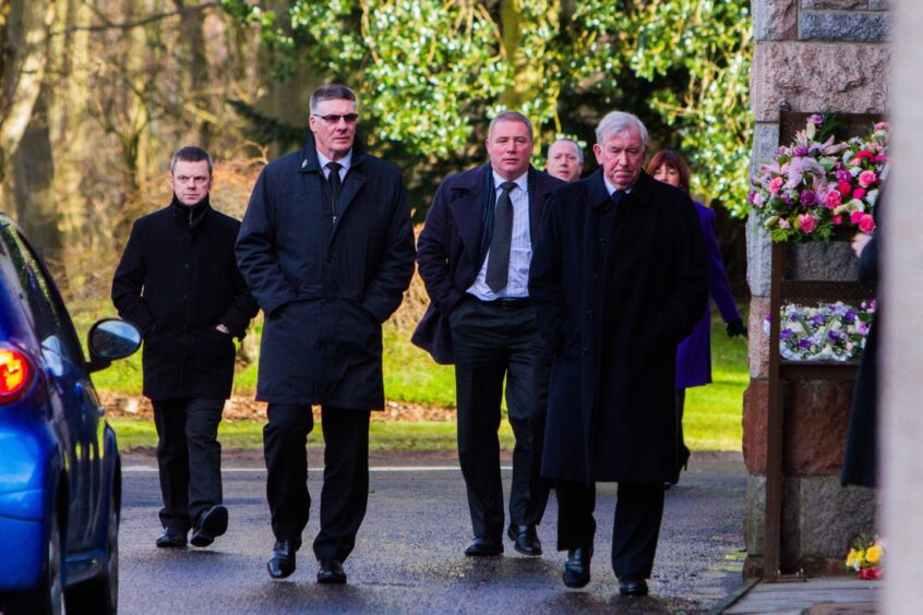 Jim Stewart, Ally McCoist and John Greig attending the funeral at Perth Crematorium. Image: DC Thomson.