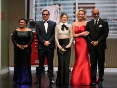 Chandra Wilson, from left, Justin Chambers, Ellen Pompeo, Katherine Heigl, and James Pickens Jr, present the award for outstanding supporting actor in a limited anthology series or movie during the 75th Primetime Emmy Awards (Chris Pizzello, AP)