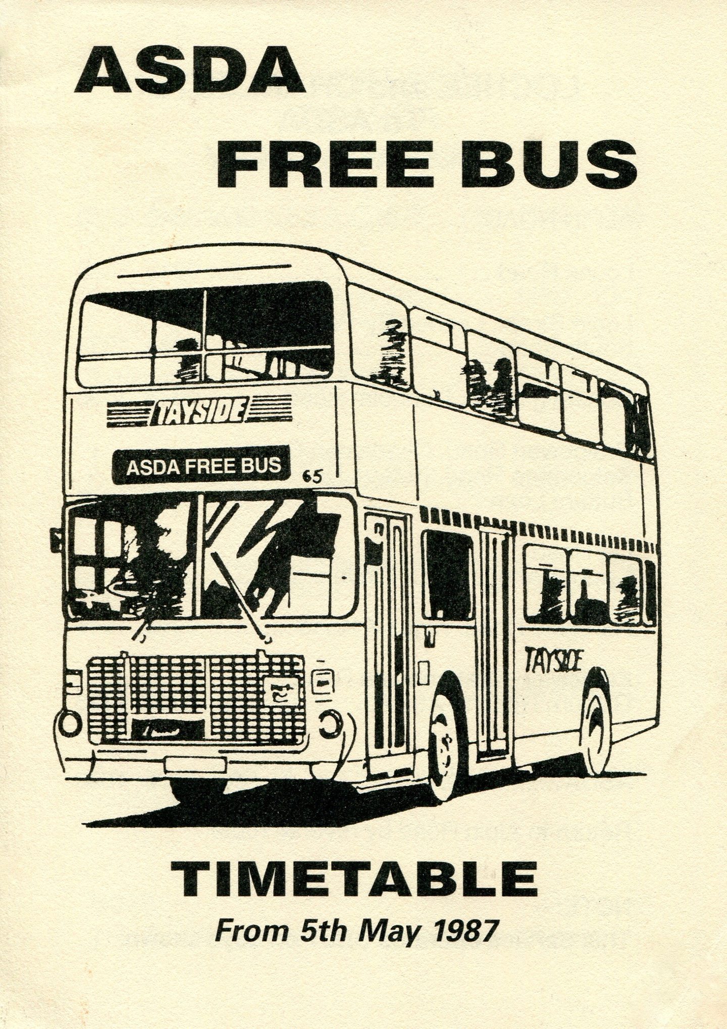 A line drawing on the front of the timetable for the free bus to Asda in 1987