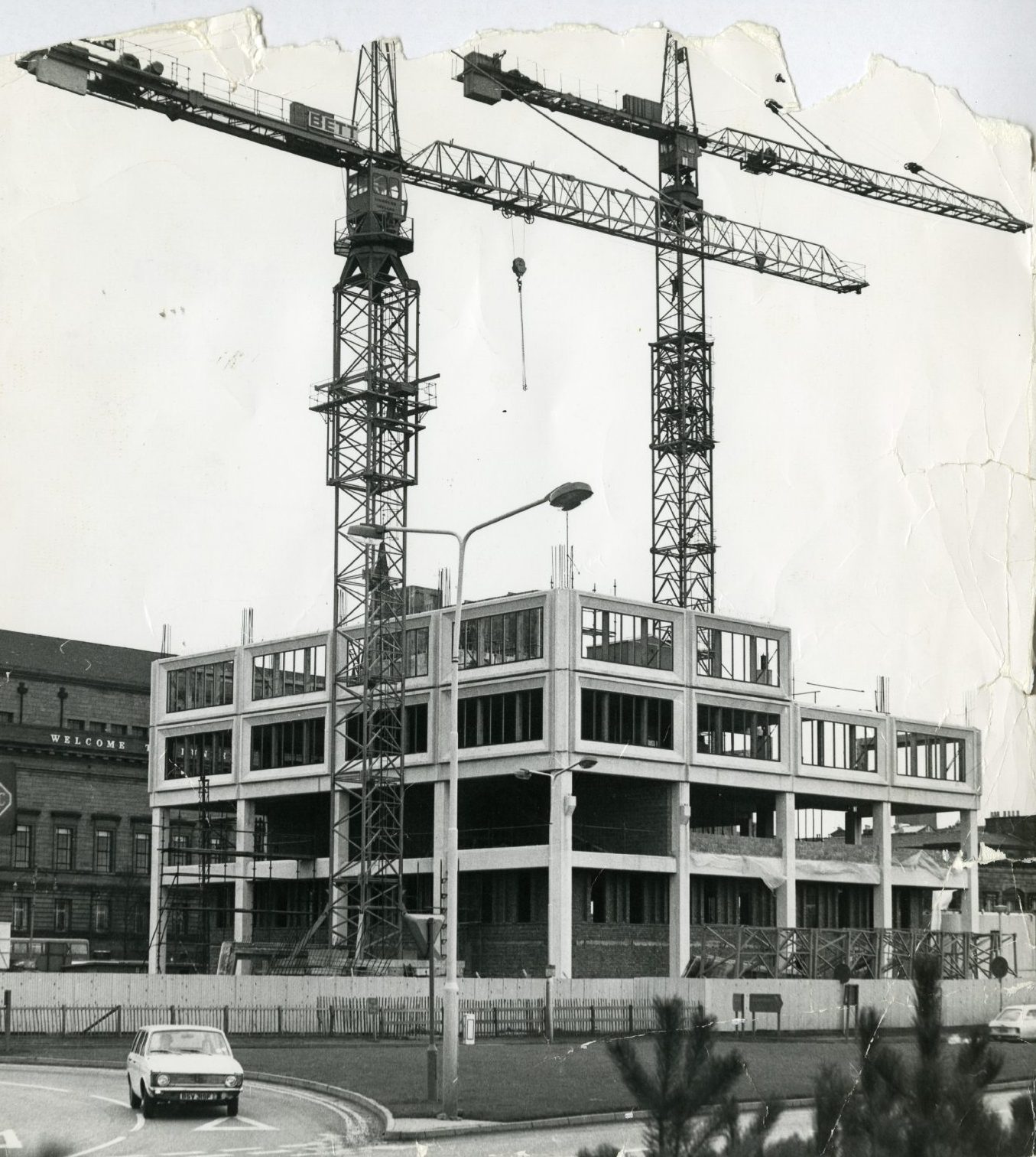Two cranes tower over the Tayside House site, which is pictured under construction in January 1974.
