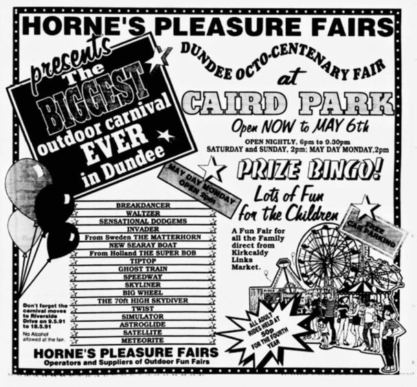 An ad for Horne's carnival at Caird Park in Dundee