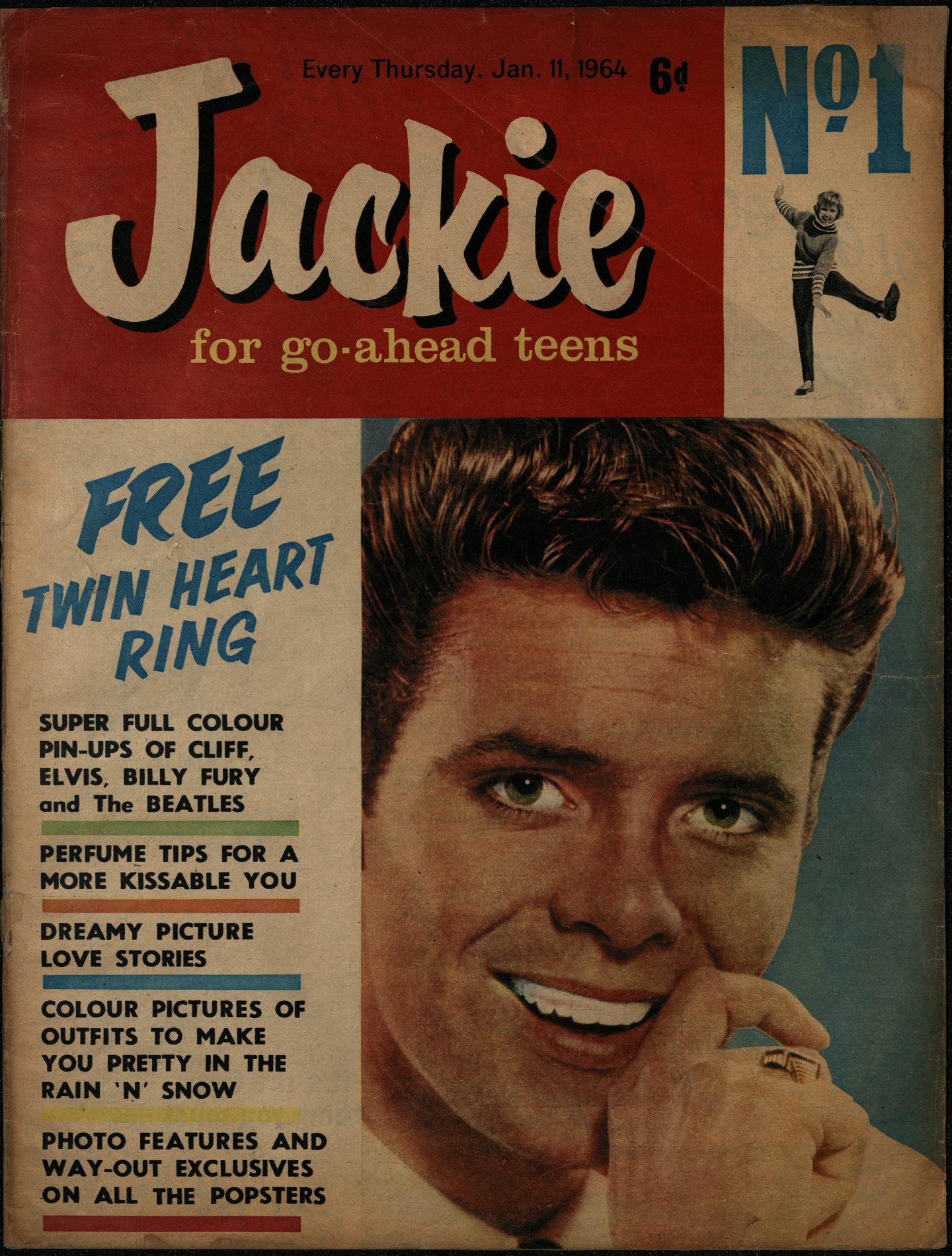 The first edition of the iconic teen magazine Jackie, which had Cliff Richard on the cover and came out on January 11 1964. 