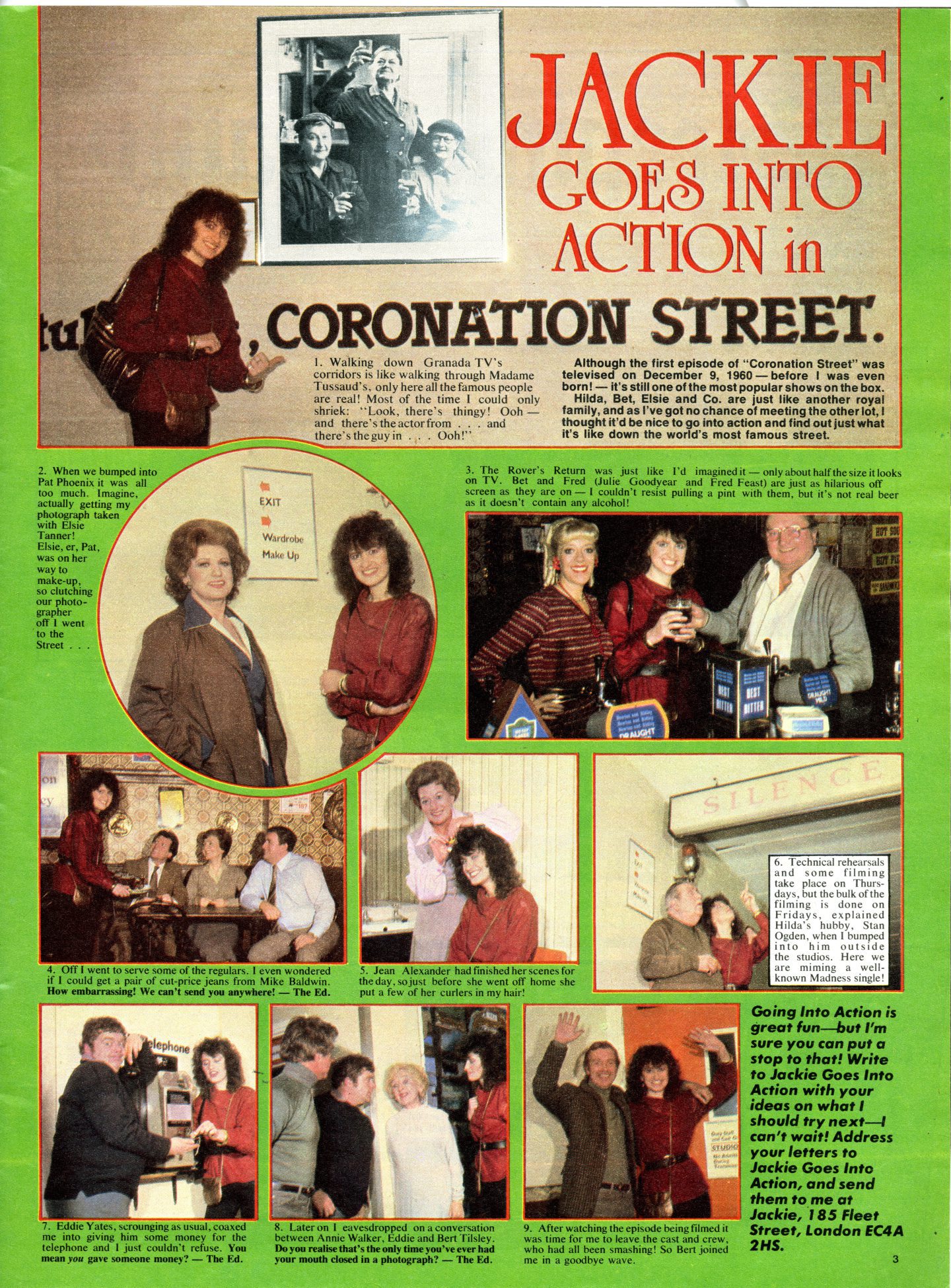A page from a Jackie magazine showing Jackie Bird visiting the Coronation Street set in 1982. 