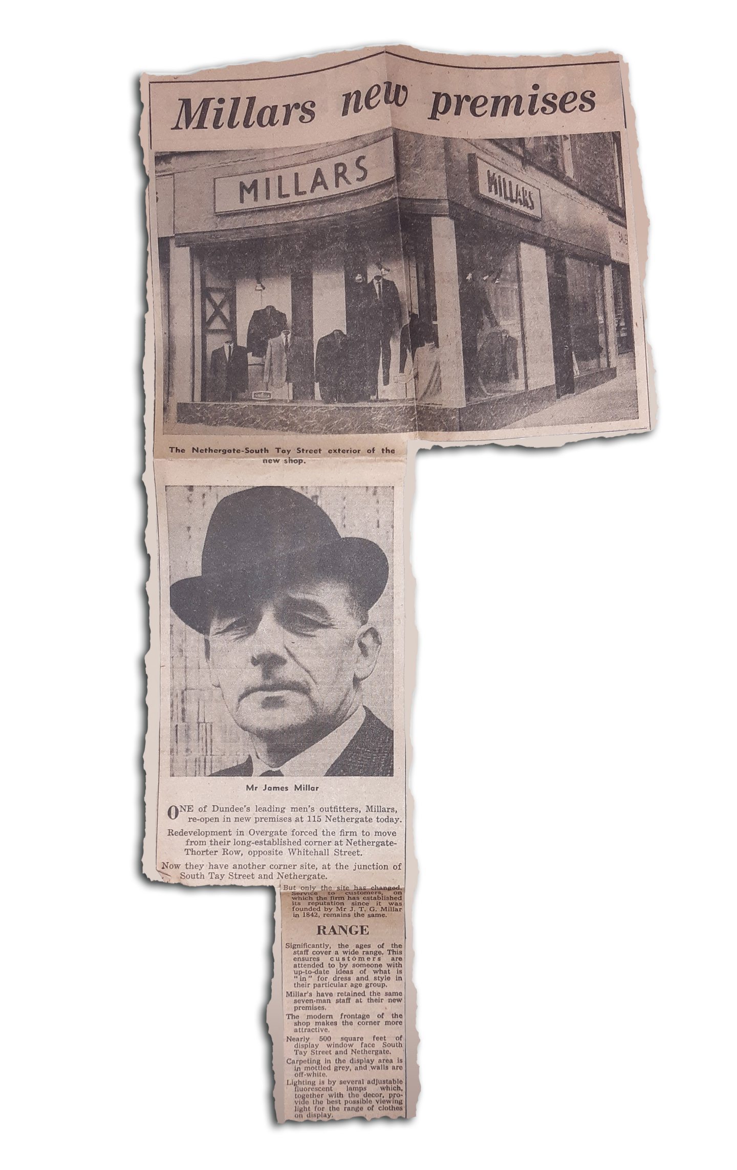 A newspaper cutting about the move to Nethergate and South Tay Street that features a picture of the shop front an James Millar