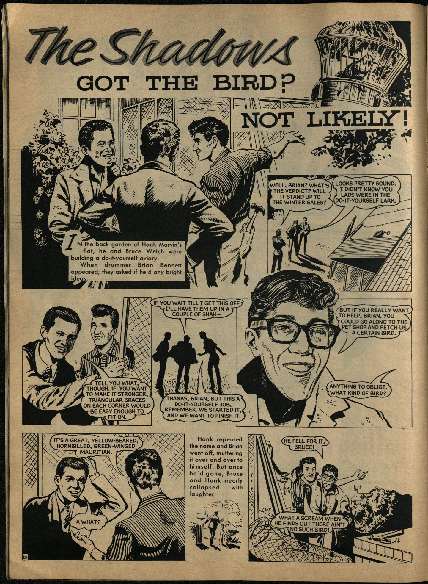 Elvis, Cliff and All featured a cartoon strip about Hank Marvin and The Shadows, pictured. 