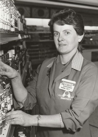 Muriel Watt, wine and spirits manageress at the Co-op Abbeygate Superstore in 1985