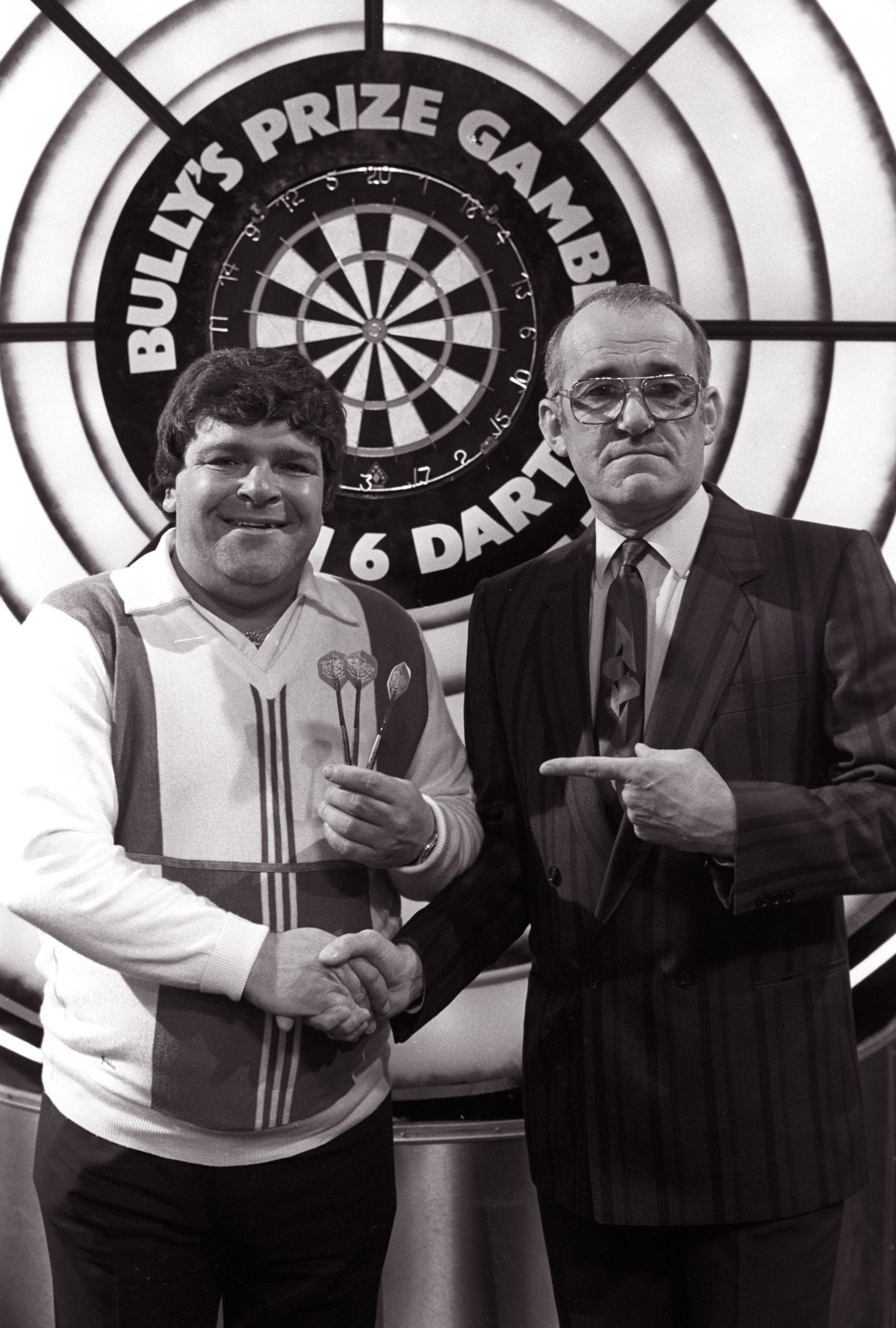 Jocky Wilson and Jim Bowen on Bullseye in 1986 when the Fifer was a household name. 
