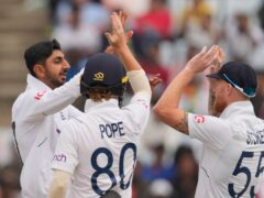 Shoaib Bashir, left, was the pick of England’s bowlers (Ajit Solanki/AP)