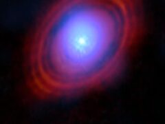 Water vapour discovered in the disc is shown in shades of blue (ALMA/ESO/NAOJ/NRAO/S Facchini et al/PA)